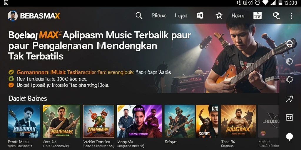 Screenshot utama BEBASMAX menampilkan antarmuka aplikasi musik yang menarik.
