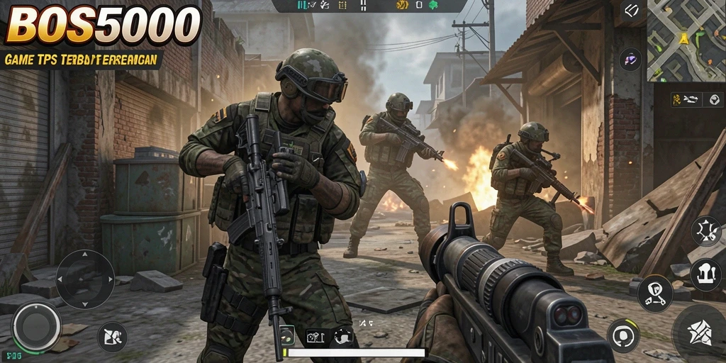 Tangkapan layar gameplay menegangkan dari BOS5000 yang menunjukkan aksi pertempuran.