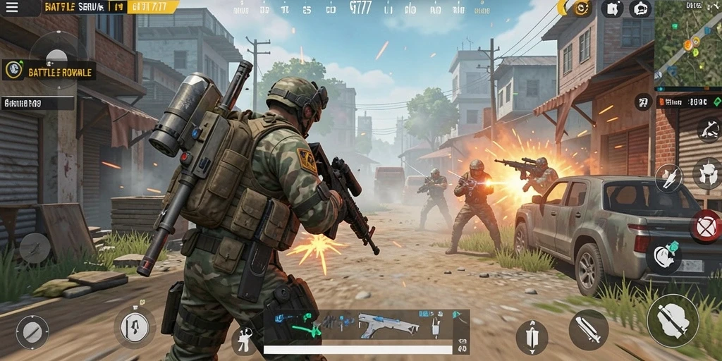 Screenshot utama GT777 menampilkan aksi intens dalam gameplay Battle Royale.