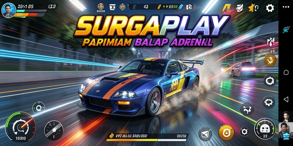 Tangkapan layar SURGAPLAY menampilkan balapan menegangkan di lintasan berliku.